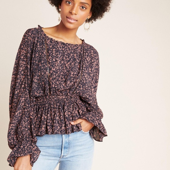 Anthropologie (S) Nichola Peplum Blouse Romantic Black Pink Floral Boho Fairy - Picture 1 of 11
